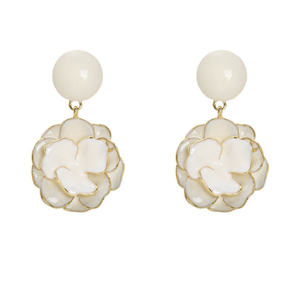 Cream Gardenia Enamel Flower Drop Earrings 18K Gold Plated Petal Dangle Earrings