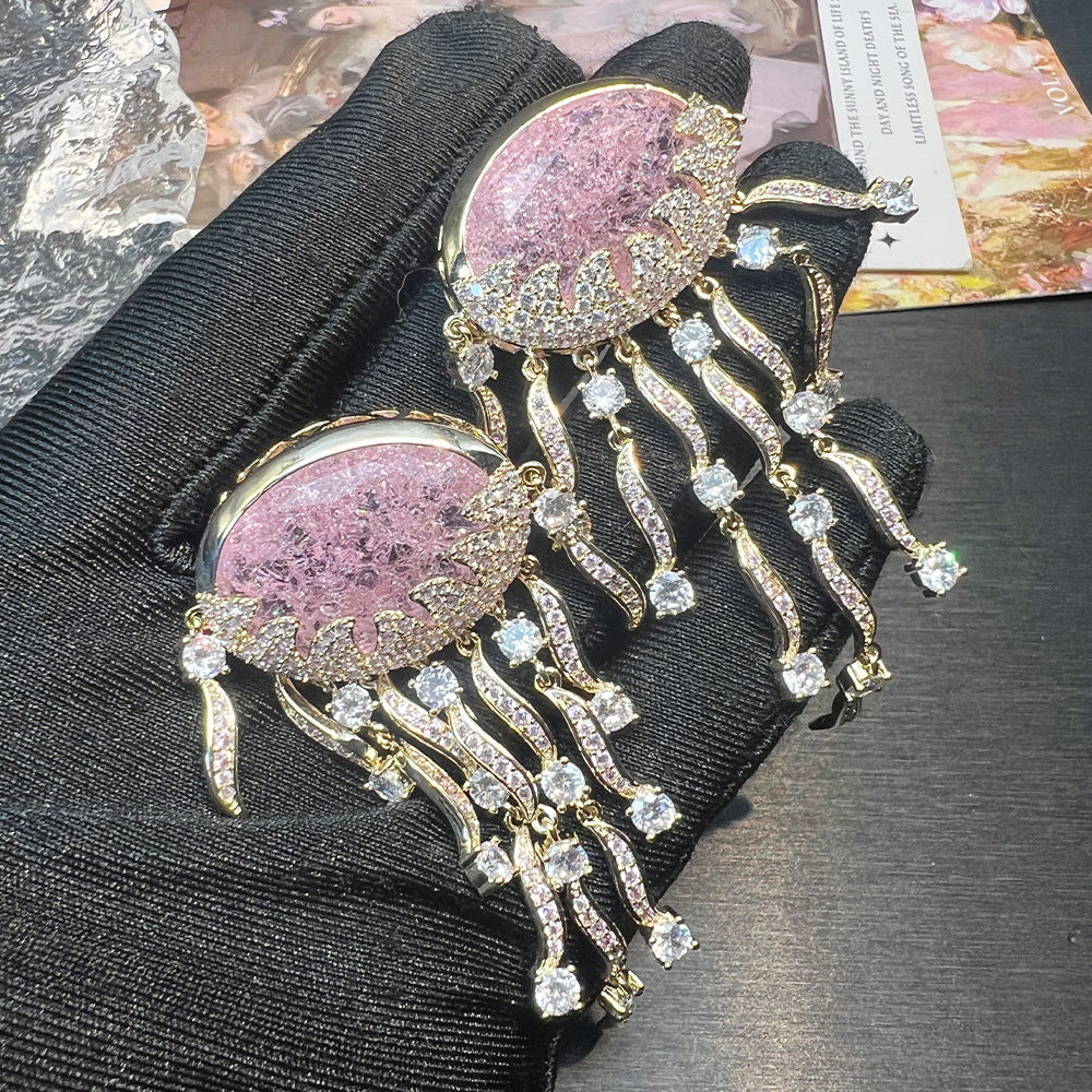 Gilded Powder Cloud Pattern Jellyfish Tassel Gemstone Earrings