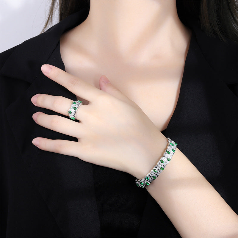 Emerald Green Gemstone Halo Bangle & Ring Set – Timeless Elegance
