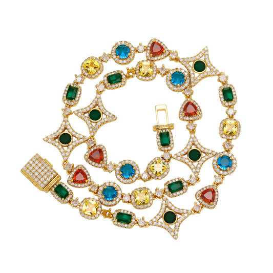 Multi-Color Gemstone Four-LeafClover Chain Bracelet/Necklace in Silver & Gold