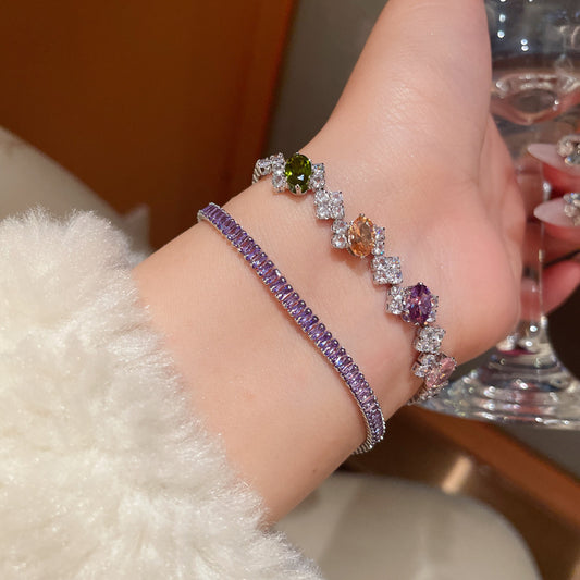 Rainbow Oval Zirconia Halo Chain Bracelet