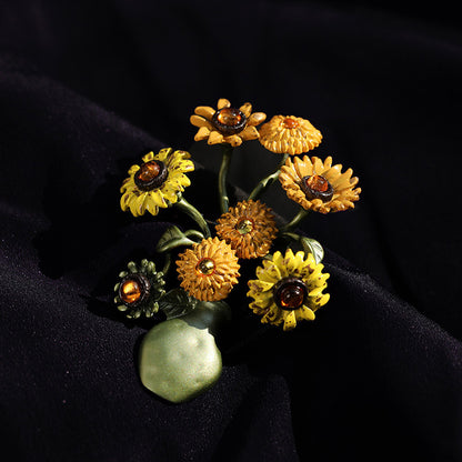 Vintage Van Gogh Sunflower Bouquet Brooch – Enamel Vase Masterpiece