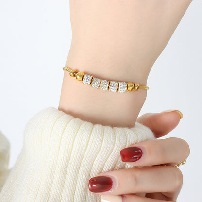 Adjustable Full Pavé Cylinder Bead Bracelet in Silver & Gold