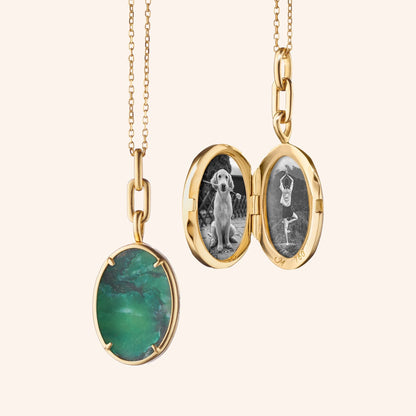 Oval Photo Locket Necklace | Gold Chain with Green Stone, Personalized Memorial Gift