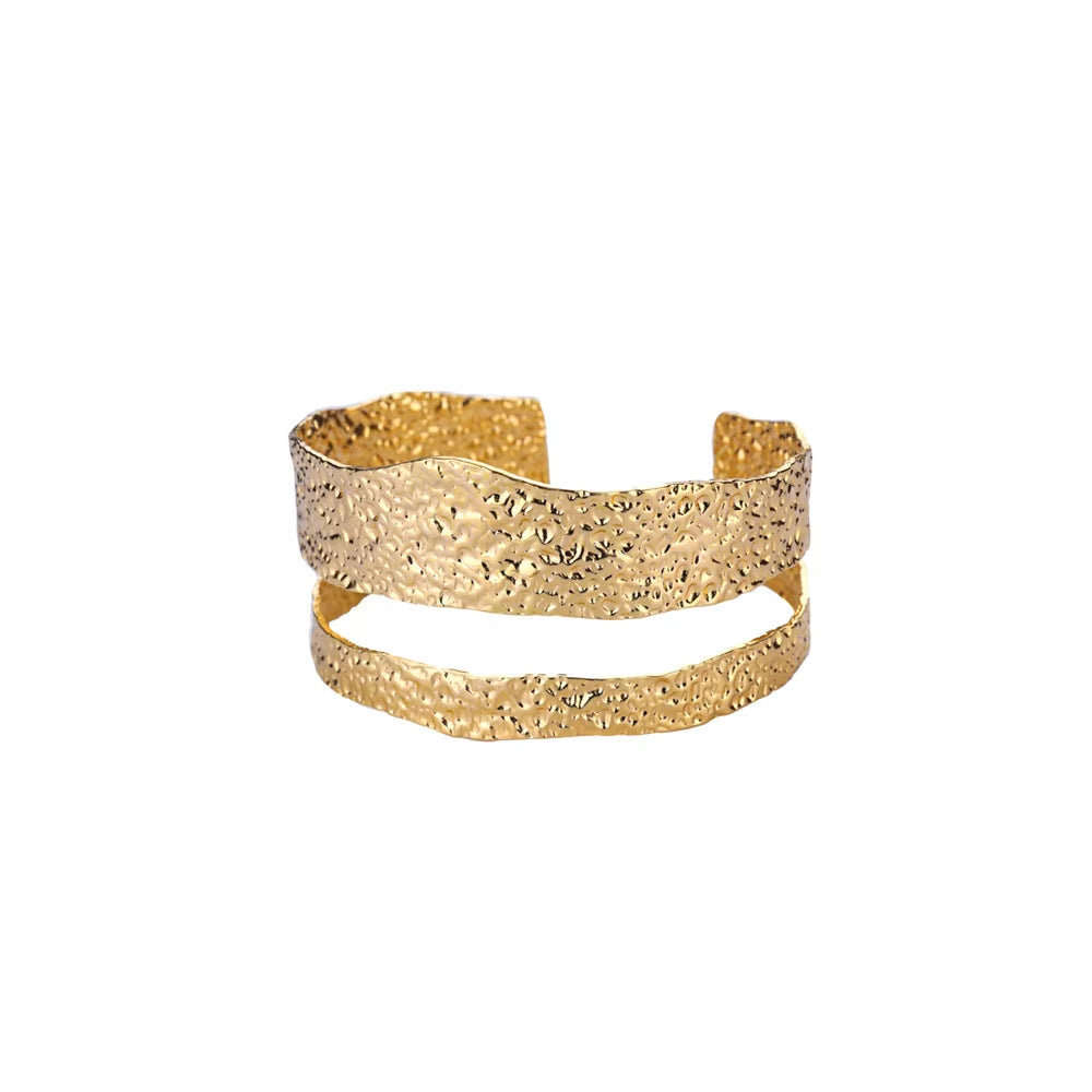 Textured Double Layer Open Cuff Bracelet Geometric Hammered Arm Cuff