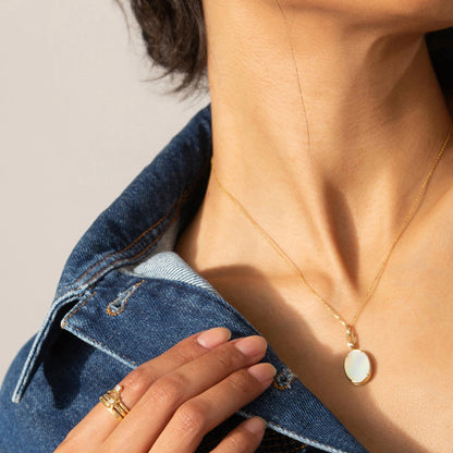 Oval Photo Locket Necklace | Gold Chain with Green Stone, Personalized Memorial Gift