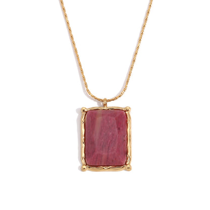 18K Gold Natural Pink&Green Stone Rectangle Pendant Necklace