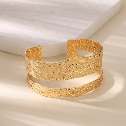 Textured Double Layer Open Cuff Bracelet Geometric Hammered Arm Cuff