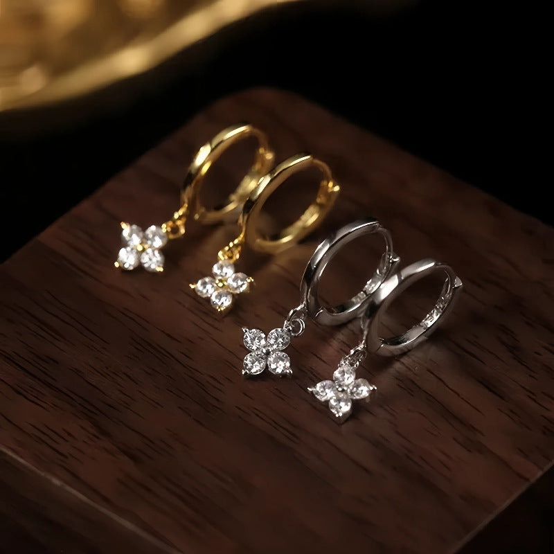 Dainty Cubic Zirconia Four-Leaf Clover Drop Hoop Earrings S925 Silver