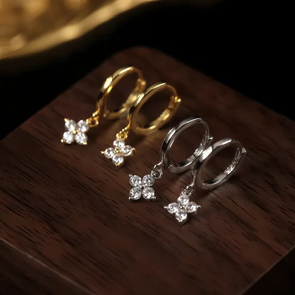 Dainty Cubic Zirconia Four-Leaf Clover Drop Hoop Earrings S925 Silver