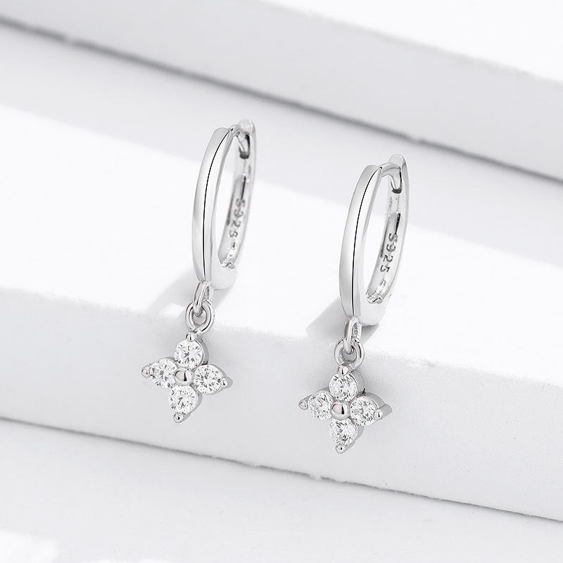 Dainty Cubic Zirconia Four-Leaf Clover Drop Hoop Earrings S925 Silver