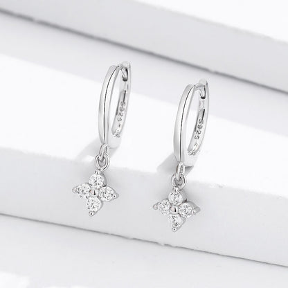 Dainty Cubic Zirconia Four-Leaf Clover Drop Hoop Earrings S925 Silver