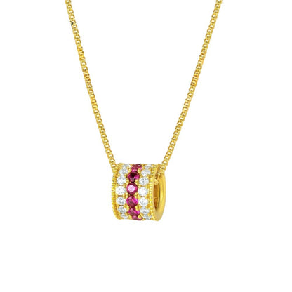 Sparkling Rose Red Zircon Cylinder Necklace 18K Gold Plated Starburst Pavé Pendant