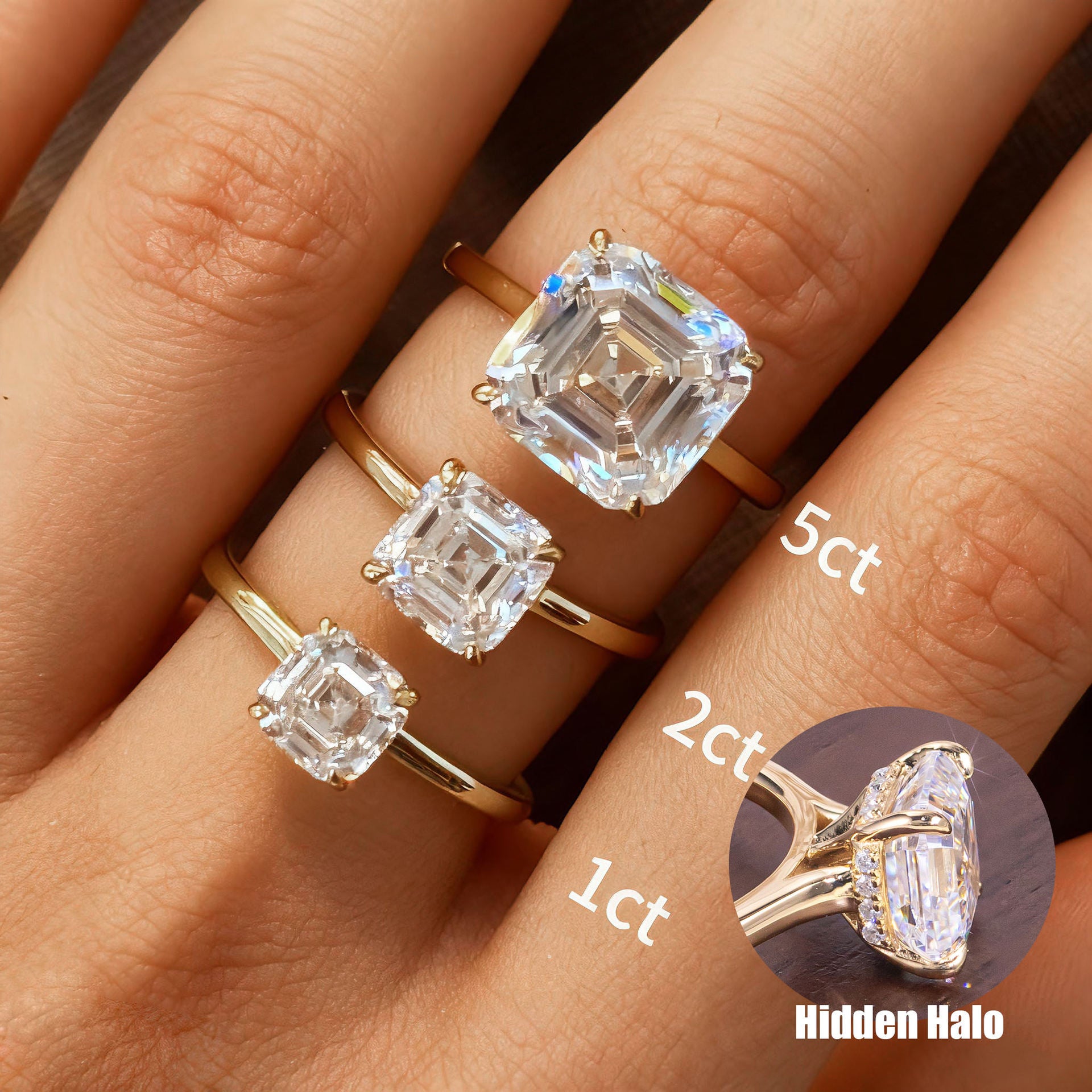 1-5 Carat Asscher Cut Moissanite Solitaire Ring in 18K Gold Plated S925 Silver