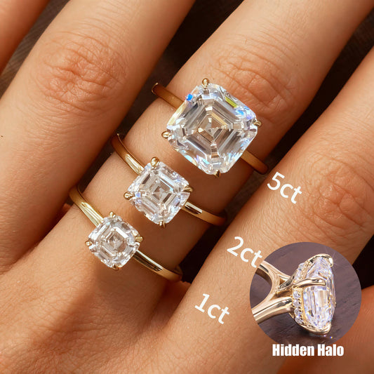 1-5 Carat Asscher Cut Moissanite Solitaire Ring in 18K Gold Plated S925 Silver