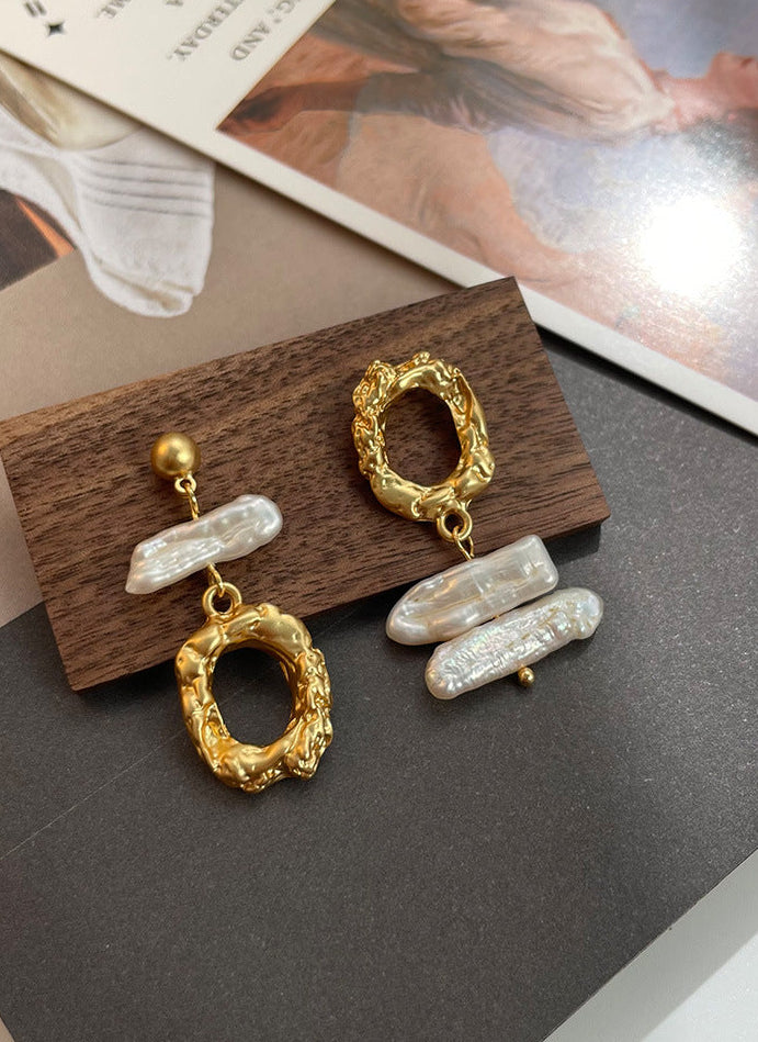 Asymmetric natural baroque freshwater pearl statement drop earrings with textured organic gold and silver hoops