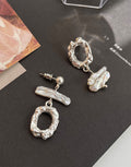 Asymmetric natural baroque freshwater pearl statement drop earrings with textured organic gold and silver hoops