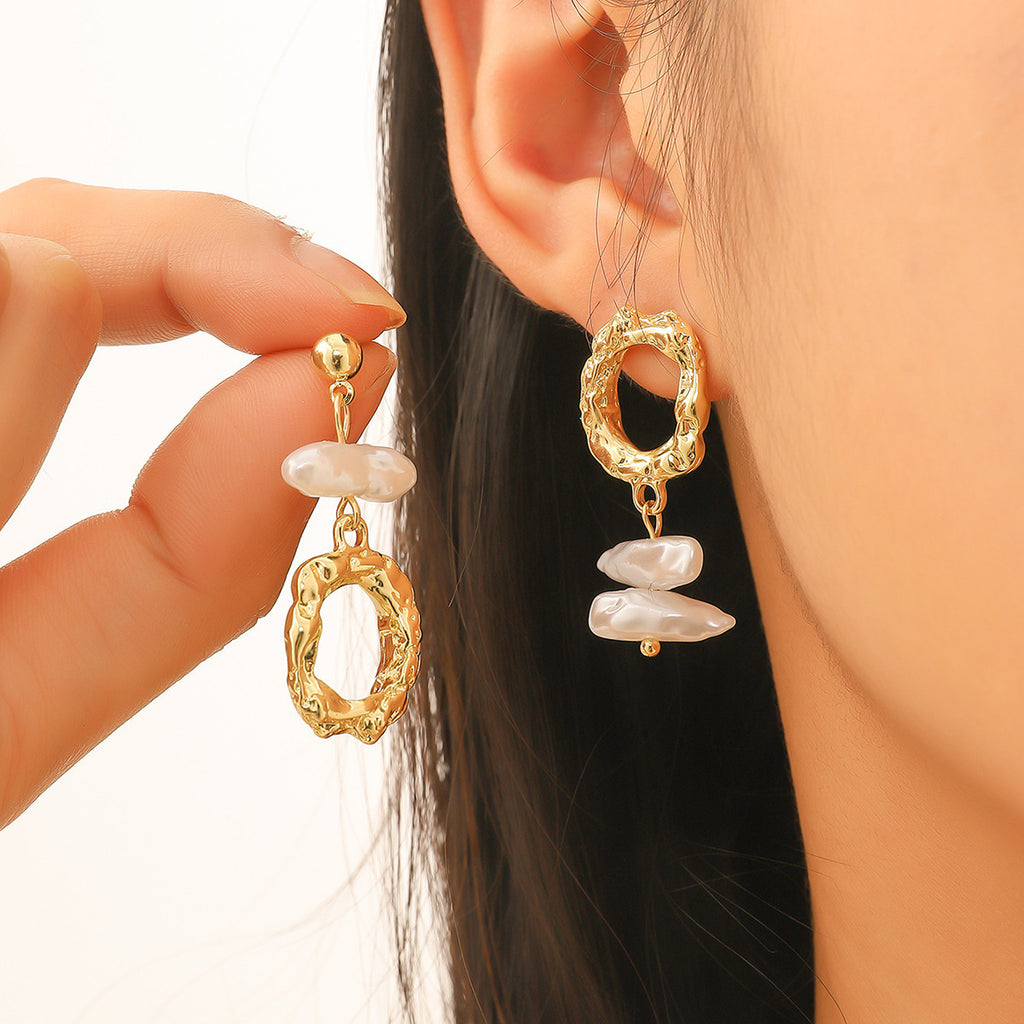 Asymmetric natural baroque freshwater pearl statement drop earrings with textured organic gold and silver hoops