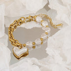 Baroque pearl bead chain and heart pearl pendant stainless steel jewelry bracelet in waterproof 18k gold plated finish.