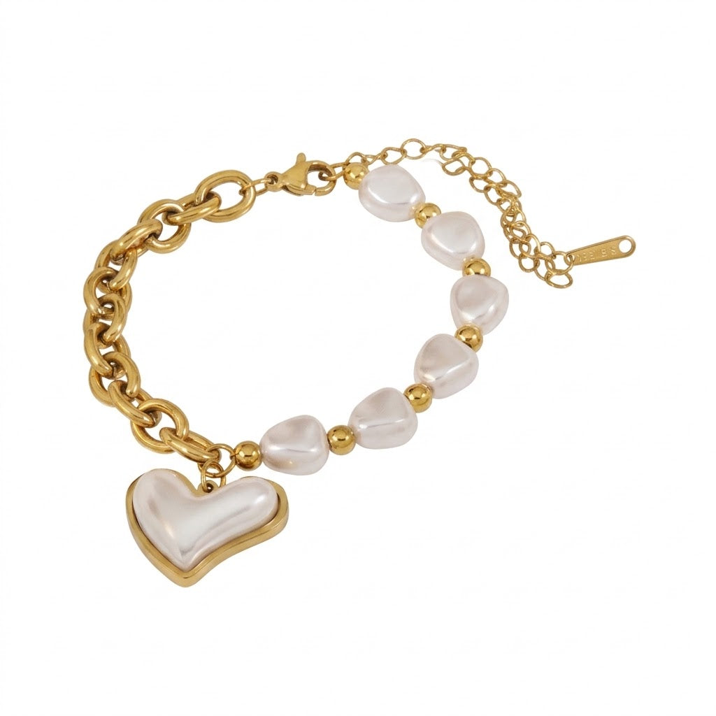 Baroque pearl bead chain and heart pearl pendant stainless steel jewelry bracelet in waterproof 18k gold plated finish.