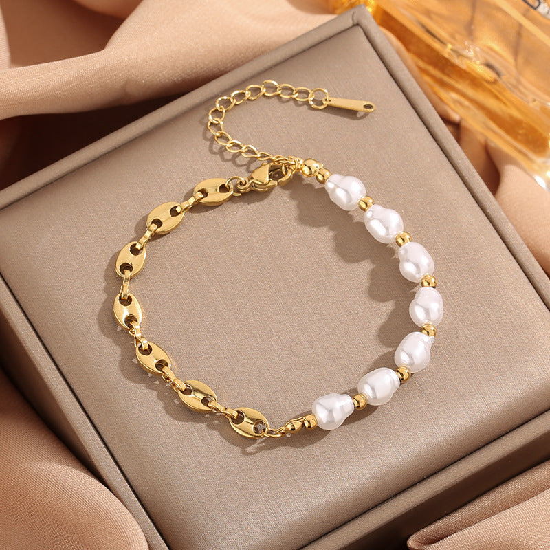 Baroque pearl bead strand and mariner puff bean chain stainless steel jewelry bracelet in waterproof 18k gold plated finish.