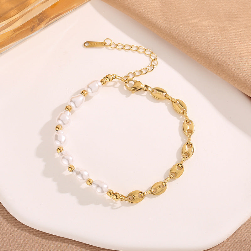 Baroque pearl bead strand and mariner puff bean chain stainless steel jewelry bracelet in waterproof 18k gold plated finish.