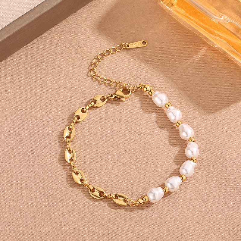 Baroque pearl bead strand and mariner puff bean chain stainless steel jewelry bracelet in waterproof 18k gold plated finish.