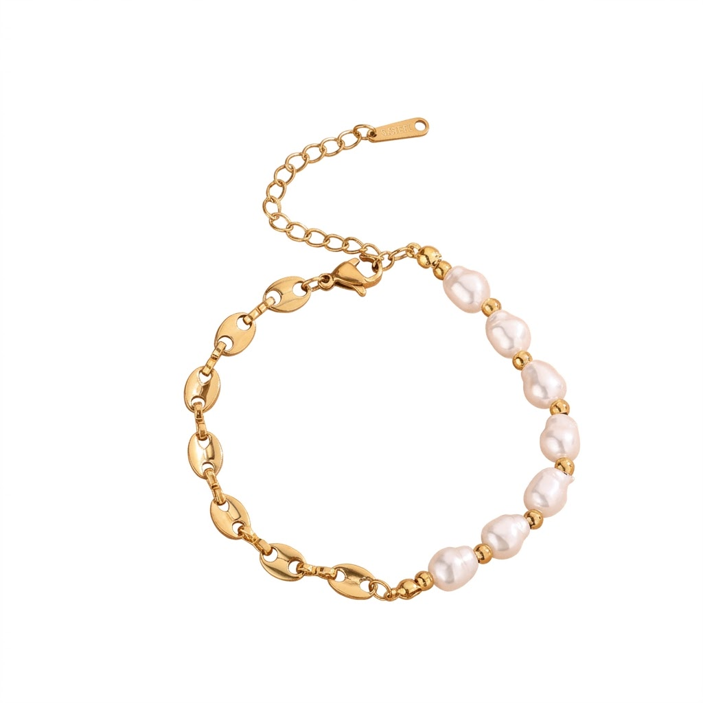 Baroque pearl bead strand and mariner puff bean chain stainless steel jewelry bracelet in waterproof 18k gold plated finish.