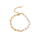 Baroque pearl bead strand and mariner puff bean chain stainless steel jewelry bracelet in waterproof 18k gold plated finish.