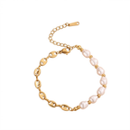 Baroque pearl bead strand and mariner puff bean chain stainless steel jewelry bracelet in waterproof 18k gold plated finish.