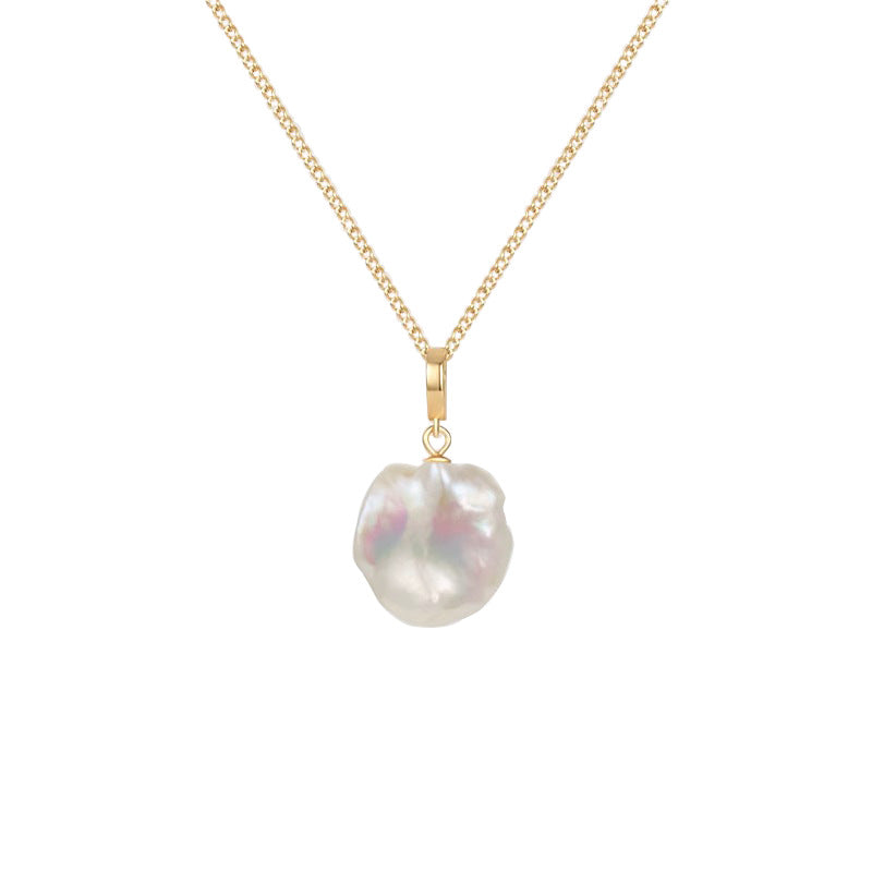 Natural baroque pearl pendant cable chain and flat herringbone chain layered necklace in gold plated titanium steel jewelry.