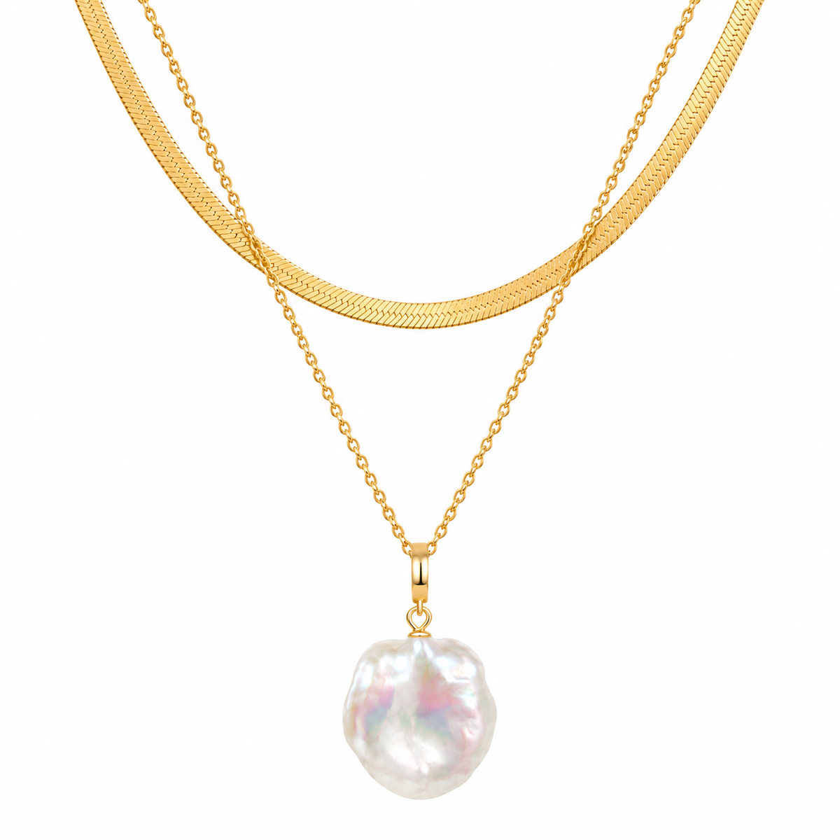 Natural baroque pearl pendant cable chain and flat herringbone chain layered necklace in gold plated titanium steel jewelry.