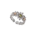 Pave pave cubic zirconia micro cz crystal blooming daisy floral cluster and olive green champagne colored stones open cuff adjustable ring stainless steel jewelry in waterproof finish.