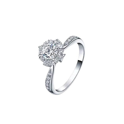 Round Cut Floral Halo Solitaire Ring with Twisted Pavé Band Statement Piece in White Gold Finish