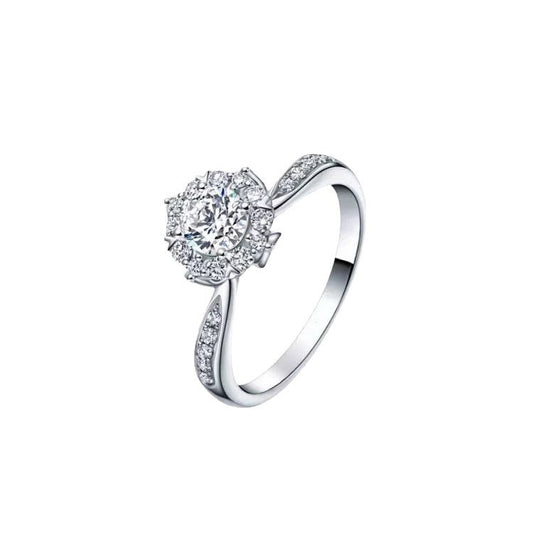 Round Cut Floral Halo Solitaire Ring with Twisted Pavé Band Statement Piece in White Gold Finish