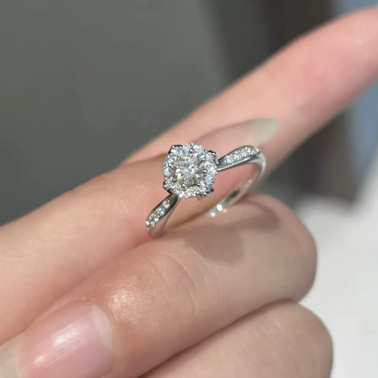 Round Cut Floral Halo Solitaire Ring with Twisted Pavé Band Statement Piece in White Gold Finish