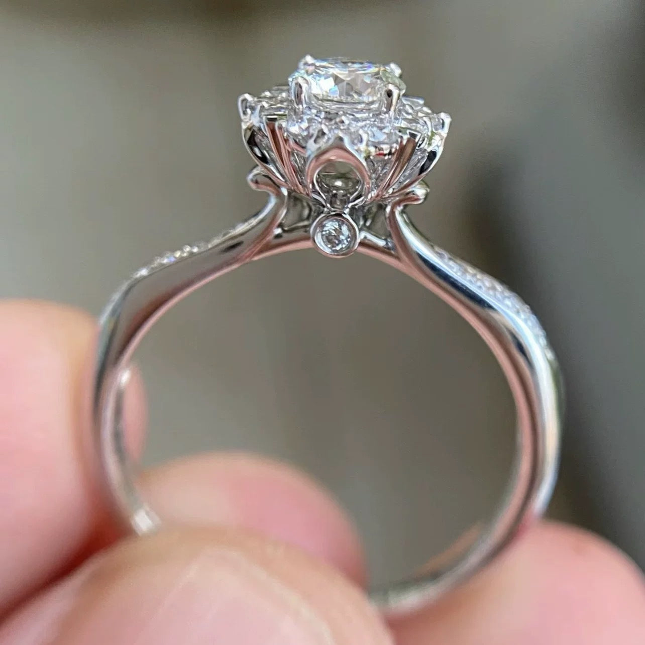 Round Cut Floral Halo Solitaire Ring with Twisted Pavé Band Statement Piece in White Gold Finish
