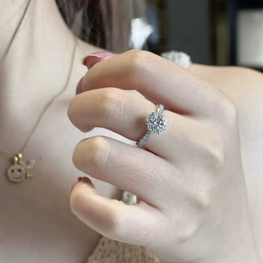 Round Cut Floral Halo Solitaire Ring with Twisted Pavé Band Statement Piece in White Gold Finish