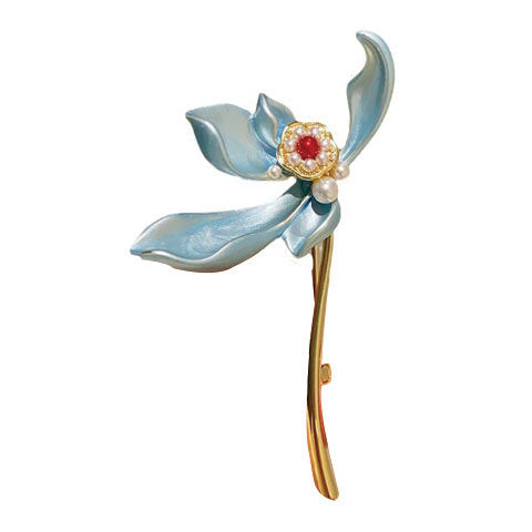 Artistic blue iris brooch with hand-painted enamel petals and a lustrous white pearl center