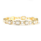 Elegant bypass wrap bracelet with sparkling zirconia halo charms, available in gold, silver, and rose gold