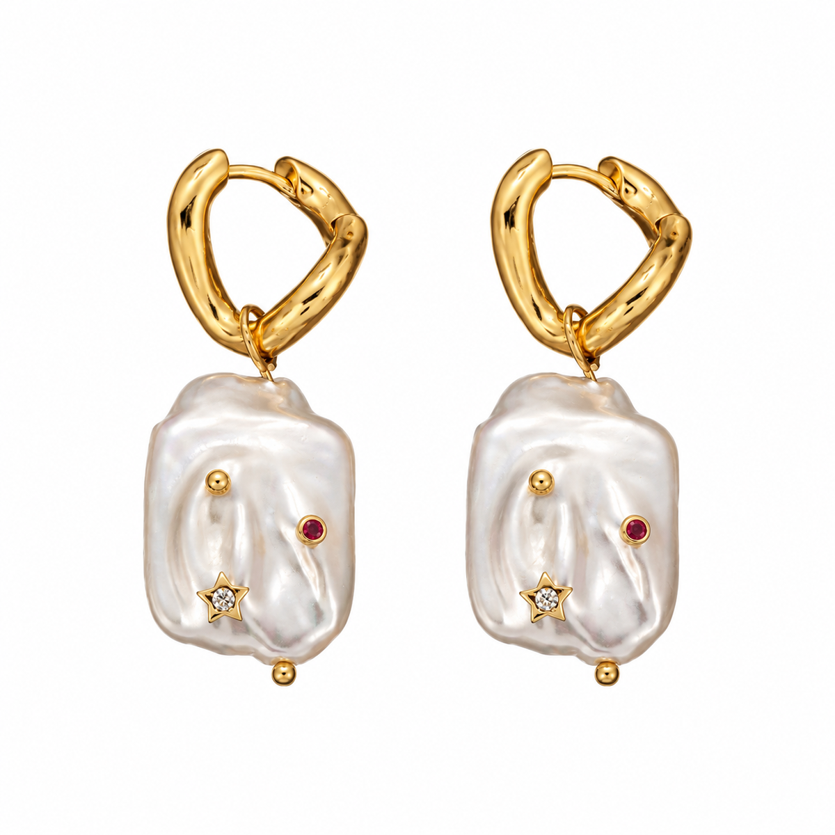 Natural Stainless steel jewelry baroque pearl huggie drop earrings inlaid with gold starburst cz crystal and ruby red stone accents.