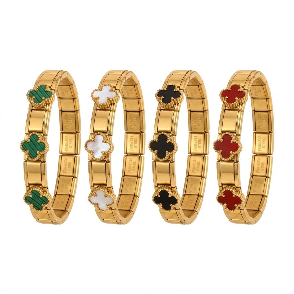 Four-leaf clover inlay stretch expansion link bracelet in waterproof 18k gold plated stainless steel jewelry.