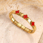 Four-leaf clover inlay stretch expansion link bracelet in waterproof 18k gold plated stainless steel jewelry.