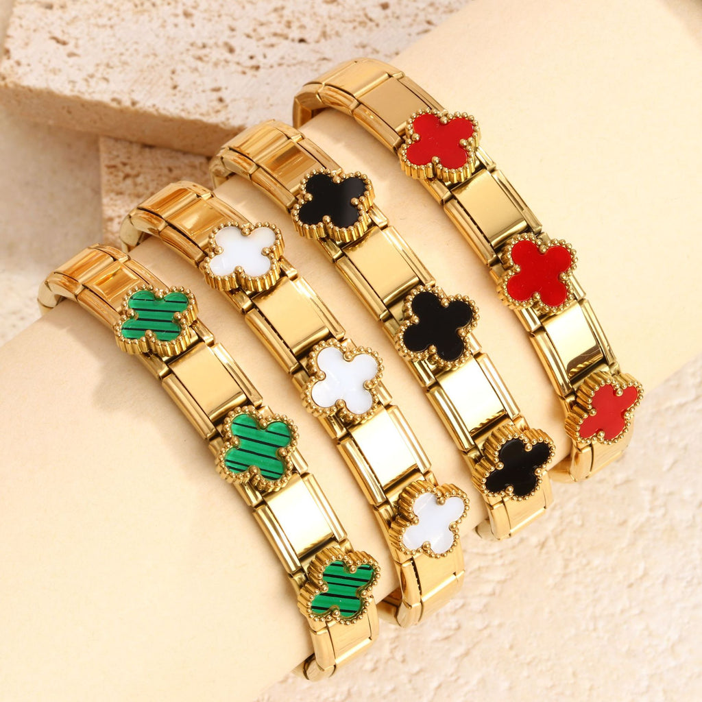 Four-leaf clover inlay stretch expansion link bracelet in waterproof 18k gold plated stainless steel jewelry.