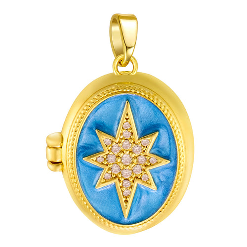 Oval gold photo locket pendants with colorful enamel in pink, blue, yellow, and white featuring pavé CZ North Star designs