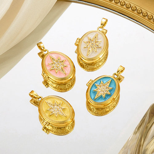 Oval gold photo locket pendants with colorful enamel in pink, blue, yellow, and white featuring pavé CZ North Star designs