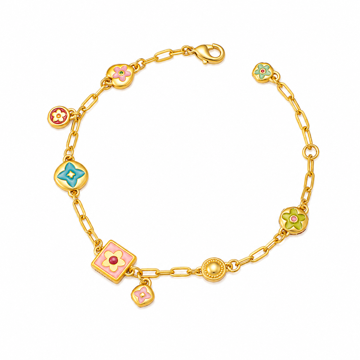 Colorful  Stainless steel jewelry enamel double-sided dopamine bracelet with pastel flower and heart charms on a gold paperclip chain.