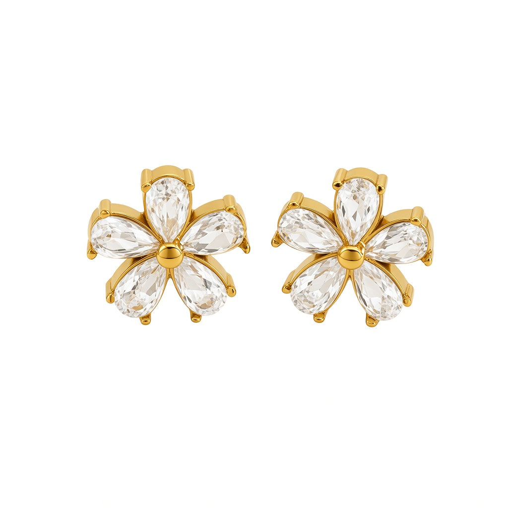 Cubic zirconia cz crystal flower stations and gold bead accents necklace bracelet stud earrings stainless steel jewelry set in waterproof 18k gold plated finish.