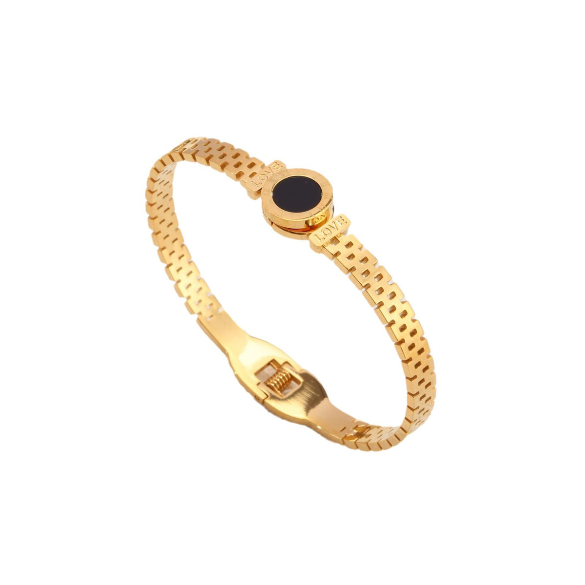 Round disc shell inlay and watch-band link mesh style stainless steel jewelry bangle in waterproof 18k gold plated finish.