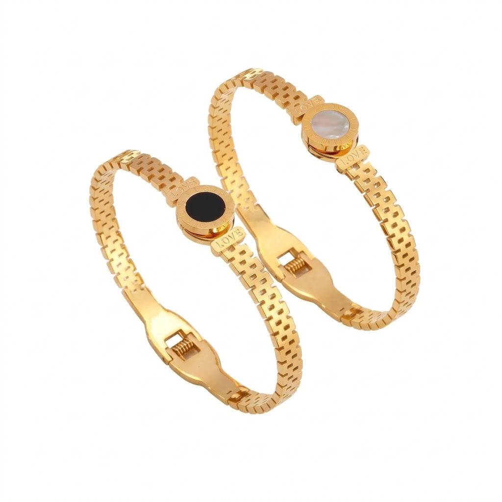 Round disc shell inlay and watch-band link mesh style stainless steel jewelry bangle in waterproof 18k gold plated finish.